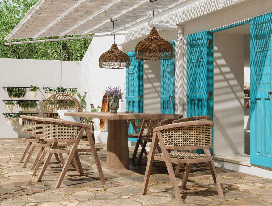 Patio With Rustic Wooden Furniture, Blue Shutters And Wicker Lamps