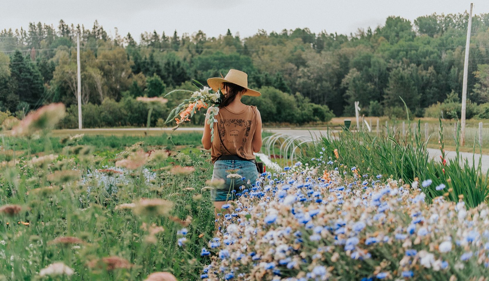 Jeune femme en short en jeans et chapeau de paille dans de beaux jardins à visiter et champ fleuri