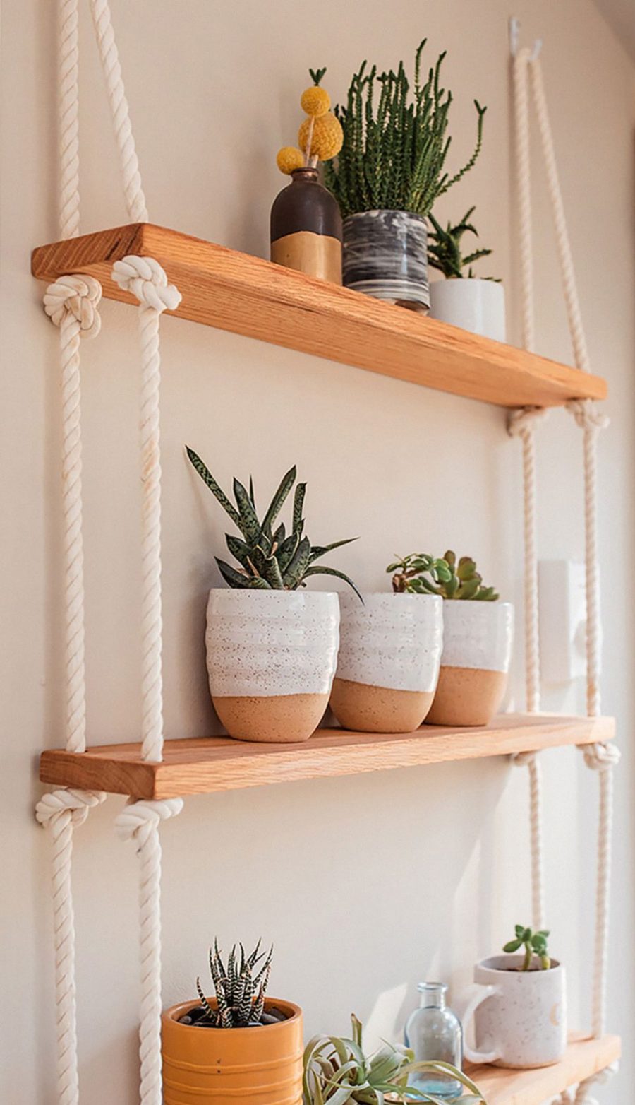 estante de madeira e corda na decoração de um apartamento pequeno com plantas
