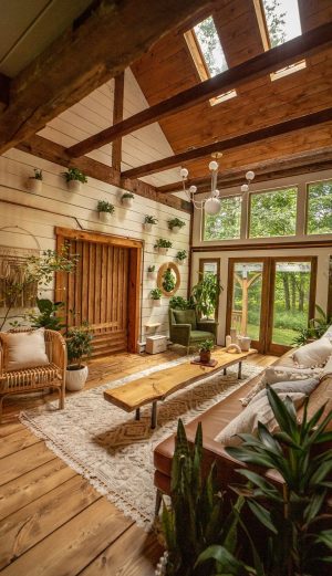 salon rustique en bois avec baie vitrée et plantes pour décorer votre maison avec des plantes