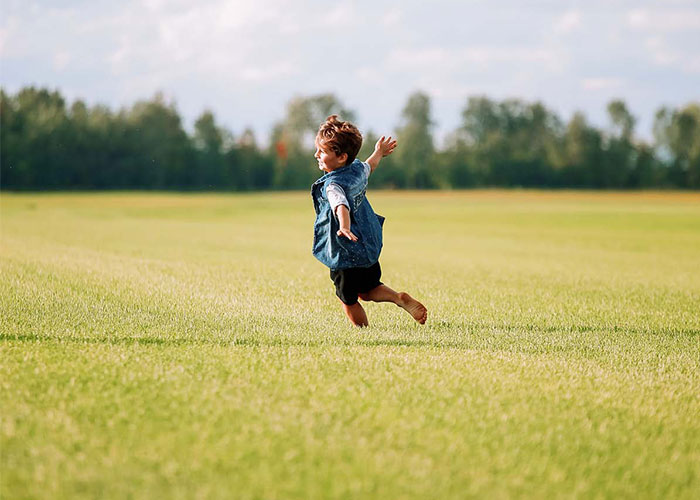 Jeune garçon qui court sur une belle pelouse dans un champs de production de gazon au Québec