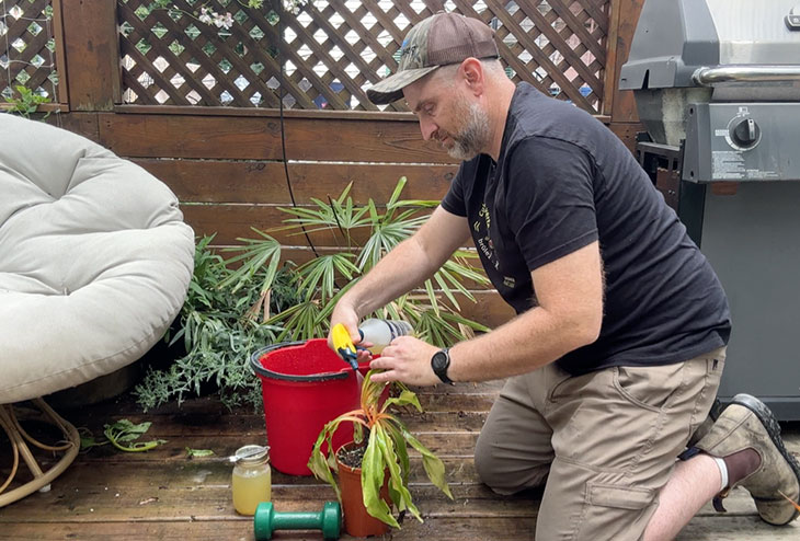 Mathieu Hodgson vaporise ses plantes à l'aide d'insecticides maison