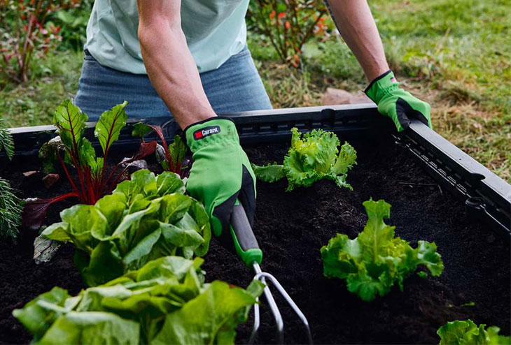 Un homme râcle la terre de son potager modulaire Garant